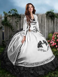 White And Black Lace Up Quinceanera Gowns Embroidery and Ruffles Sleeveless Floor Length