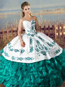 Luxurious Satin and Organza Sweetheart Sleeveless Lace Up Embroidery and Ruffles 15th Birthday Dress in Teal