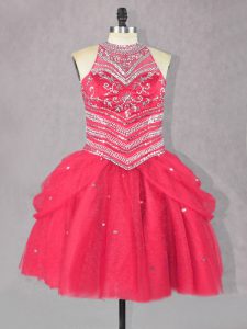 Coral Red Sleeveless Beading Mini Length Dress for Prom
