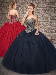 Navy Blue Ball Gowns Tulle Sweetheart Sleeveless Beading Lace Up Vestidos de Quinceanera Brush Train