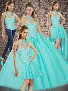 Aqua Blue Sleeveless Beading and Appliques Lace Up 15th Birthday Dress