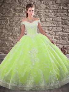 Yellow Green Sleeveless Tulle and Lace Brush Train Lace Up Quince Ball Gowns for Military Ball and Sweet 16 and Quincean