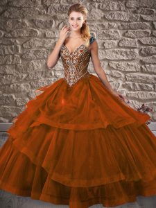 On Sale Brush Train Ball Gowns Quinceanera Gowns Rust Red V-neck Organza Sleeveless Lace Up