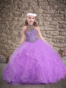 Latest Lavender Sleeveless Floor Length Beading and Ruffles Lace Up Pageant Dress for Teens