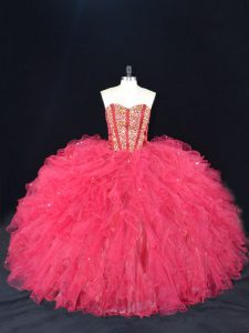 Latest Coral Red Ball Gowns Beading and Ruffles Quince Ball Gowns Lace Up Tulle Sleeveless