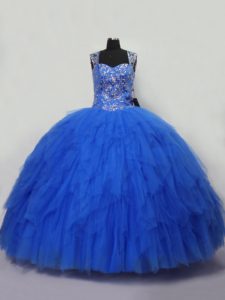 Artistic Blue Tulle Lace Up Straps Sleeveless Floor Length 15th Birthday Dress Beading and Ruffles