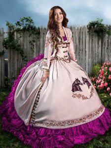 Fuchsia Lace Up Sweetheart Embroidery 15th Birthday Dress Organza Sleeveless