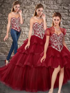 Wine Red Quinceanera Dress Sweetheart Sleeveless Brush Train Lace Up
