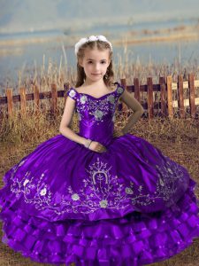 Purple Ball Gowns Off The Shoulder Sleeveless Satin and Organza Floor Length Lace Up Embroidery and Ruffled Layers Kids 