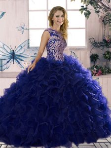 Sleeveless Organza Floor Length Lace Up Sweet 16 Dress in Purple with Beading and Ruffles