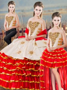 Affordable Sweetheart Sleeveless Lace Up Beading and Ruffled Layers Quinceanera Dress in White And Red