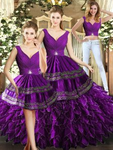 Purple V-neck Neckline Beading and Embroidery and Ruffles Quince Ball Gowns Sleeveless Backless