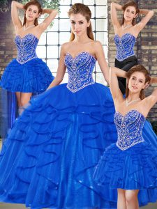 Suitable Royal Blue Ball Gowns Beading and Ruffles Quince Ball Gowns Lace Up Tulle Sleeveless Floor Length