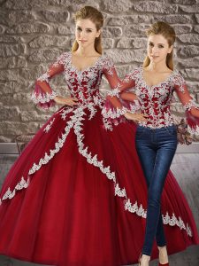 Two Pieces Quinceanera Gown Wine Red V-neck Tulle 3 4 Length Sleeve Floor Length Lace Up