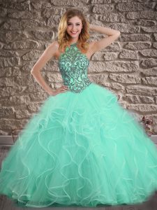 Fantastic Apple Green Halter Top Lace Up Beading and Ruffles Quinceanera Gowns Brush Train Sleeveless