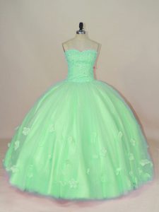 Green Ball Gowns Sweetheart Sleeveless Tulle Floor Length Lace Up Hand Made Flower Ball Gown Prom Dress