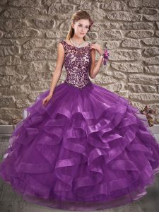 Scoop Sleeveless Tulle Sweet 16 Dress Beading and Ruffles Lace Up