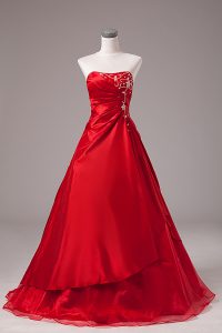 Traditional Organza Strapless Sleeveless Lace Up Beading and Embroidery Sweet 16 Dresses in Wine Red