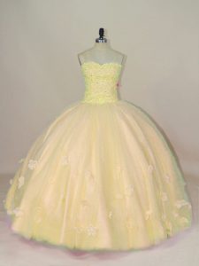 Peach Tulle Lace Up Quinceanera Gown Sleeveless Floor Length Beading and Hand Made Flower