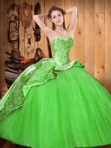 Beading and Embroidery Quinceanera Gown Green Lace Up Sleeveless Brush Train