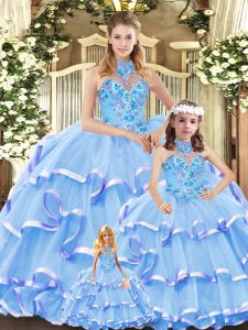 Blue Ball Gowns Organza Halter Top Sleeveless Embroidery and Ruffled Layers Lace Up Quinceanera Gown