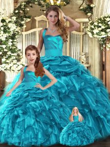 Halter Top Sleeveless Lace Up Quinceanera Dresses Teal Organza