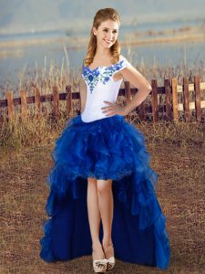Superior Blue And White Ball Gowns Off The Shoulder Sleeveless Organza High Low Lace Up Embroidery Prom Party Dress