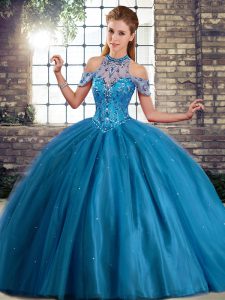 Best Selling Ball Gowns Sleeveless Blue Quinceanera Dress Brush Train Lace Up