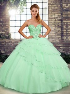 Fancy Sleeveless Beading and Ruffled Layers Lace Up Sweet 16 Dress with Apple Green Brush Train