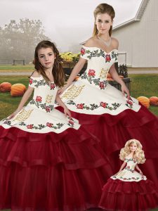 Exquisite Wine Red Ball Gowns Off The Shoulder Sleeveless Tulle Brush Train Lace Up Embroidery and Ruffled Layers 15th B
