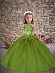 Sleeveless Beading and Appliques Lace Up Kids Pageant Dress with Olive Green Sweep Train