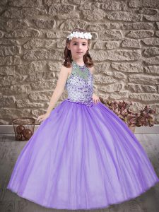 Tulle Sleeveless Floor Length Little Girls Pageant Gowns and Beading