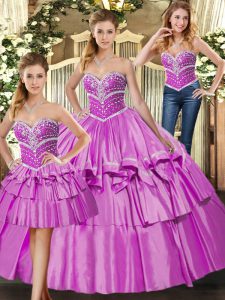 Chic Lilac Three Pieces Satin Sweetheart Sleeveless Beading and Ruffled Layers Floor Length Lace Up 15th Birthday Dress