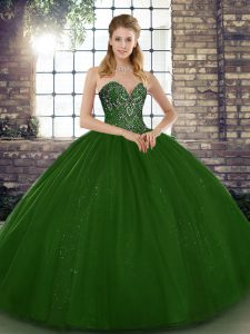 Green Sleeveless Floor Length Beading Lace Up Quinceanera Gowns