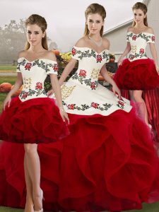 Fine White And Red Lace Up Off The Shoulder Embroidery and Ruffles 15th Birthday Dress Tulle Sleeveless