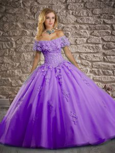 Lace Up 15 Quinceanera Dress Lavender for Military Ball and Sweet 16 and Quinceanera with Lace and Appliques Brush Train