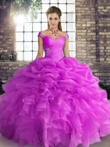 Pretty Lilac Organza Lace Up Sweet 16 Dress Sleeveless Floor Length Beading and Ruffles and Pick Ups