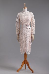 Champagne Column/Sheath Lace and Belt Evening Dress Zipper Lace Long Sleeves Tea Length