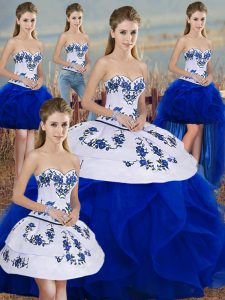 Spectacular Tulle Sweetheart Sleeveless Lace Up Embroidery and Ruffles and Bowknot Quinceanera Gowns in Royal Blue