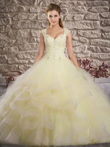 Straps Sleeveless Sweet 16 Dresses Brush Train Lace and Ruffles Yellow Tulle