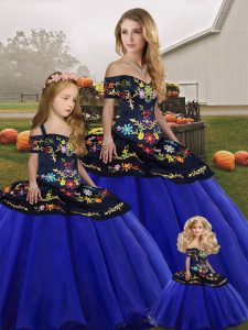 Royal Blue Sleeveless Floor Length Embroidery Lace Up Sweet 16 Quinceanera Dress