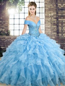 Beautiful Blue Quince Ball Gowns Military Ball and Sweet 16 and Quinceanera with Beading and Ruffles Off The Shoulder Sl