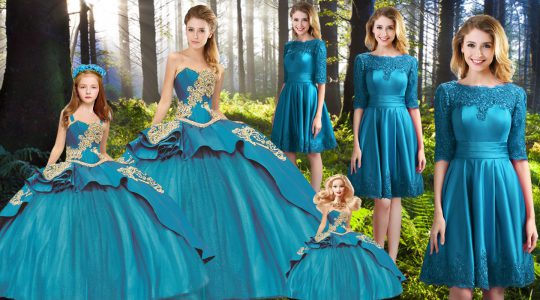 Taffeta and Tulle Sweetheart Sleeveless Court Train Lace Up Beading and Embroidery 15 Quinceanera Dress in Teal