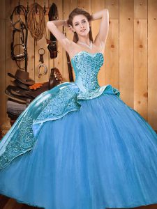 Amazing Baby Blue Ball Gowns Satin and Tulle Sweetheart Sleeveless Beading and Embroidery Lace Up Ball Gown Prom Dress B
