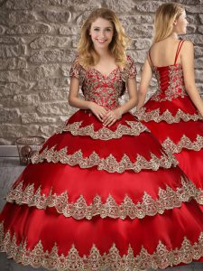 Wine Red Quince Ball Gowns Military Ball and Sweet 16 and Quinceanera with Appliques and Ruffled Layers Straps Sleeveles