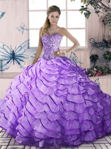 Graceful Lavender Ball Gowns Organza Sweetheart Sleeveless Beading and Ruffled Layers Floor Length Lace Up 15 Quinceaner