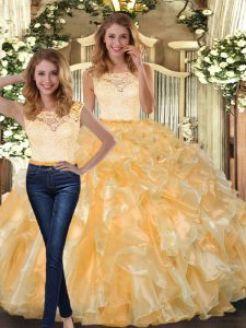 Ideal Sleeveless Floor Length Lace and Ruffles Clasp Handle Sweet 16 Dress with Gold