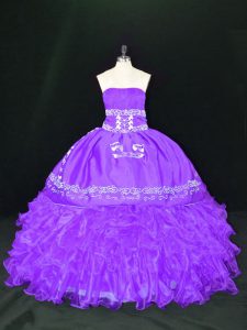 Shining Lavender Strapless Lace Up Embroidery and Ruffles Quince Ball Gowns Sleeveless