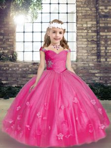 Sleeveless Lace Up Floor Length Beading and Hand Made Flower Kids Formal Wear