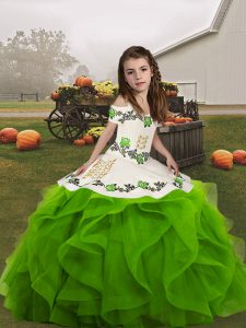 Green Straps Neckline Embroidery and Ruffles High School Pageant Dress Sleeveless Lace Up